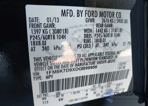 2013 Ford Explorer Xlt из США, поврежденный, VIN 1FM5K7D9XDGB99956